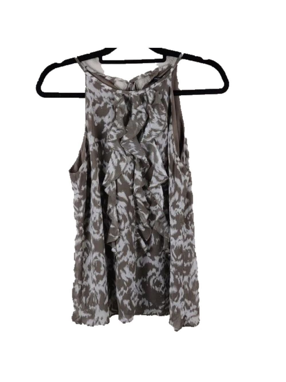 Ann Taylor Taupe Ruffle Geometric Pattern Sleeveless Keyhole Tie Back Summer Top